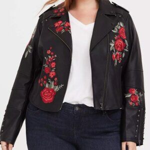 Black Faux Leather Applique Moto Jacket Rose Studded